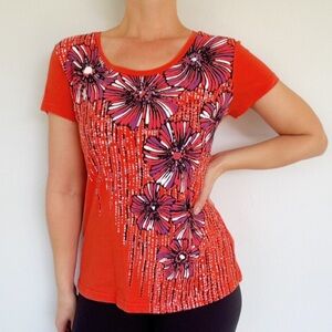 Pappagallo orange floral print short sleeve cotton tee size petite medium